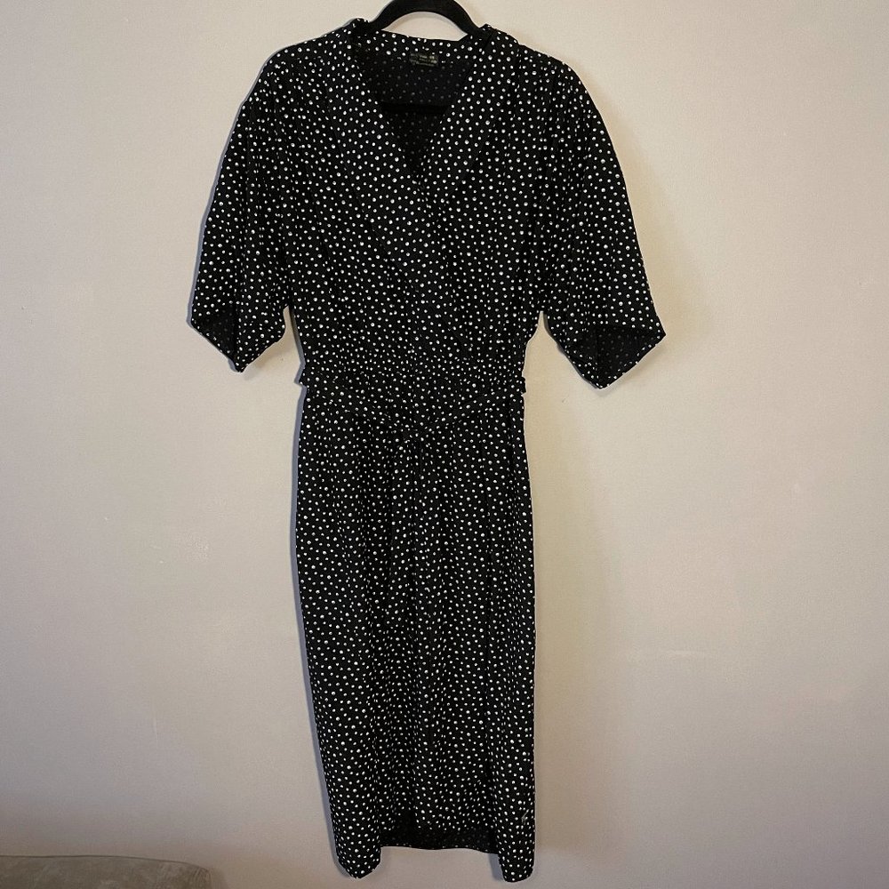 Vintage Black & White Polka Dot Midi Short Sleeve Dress Size L